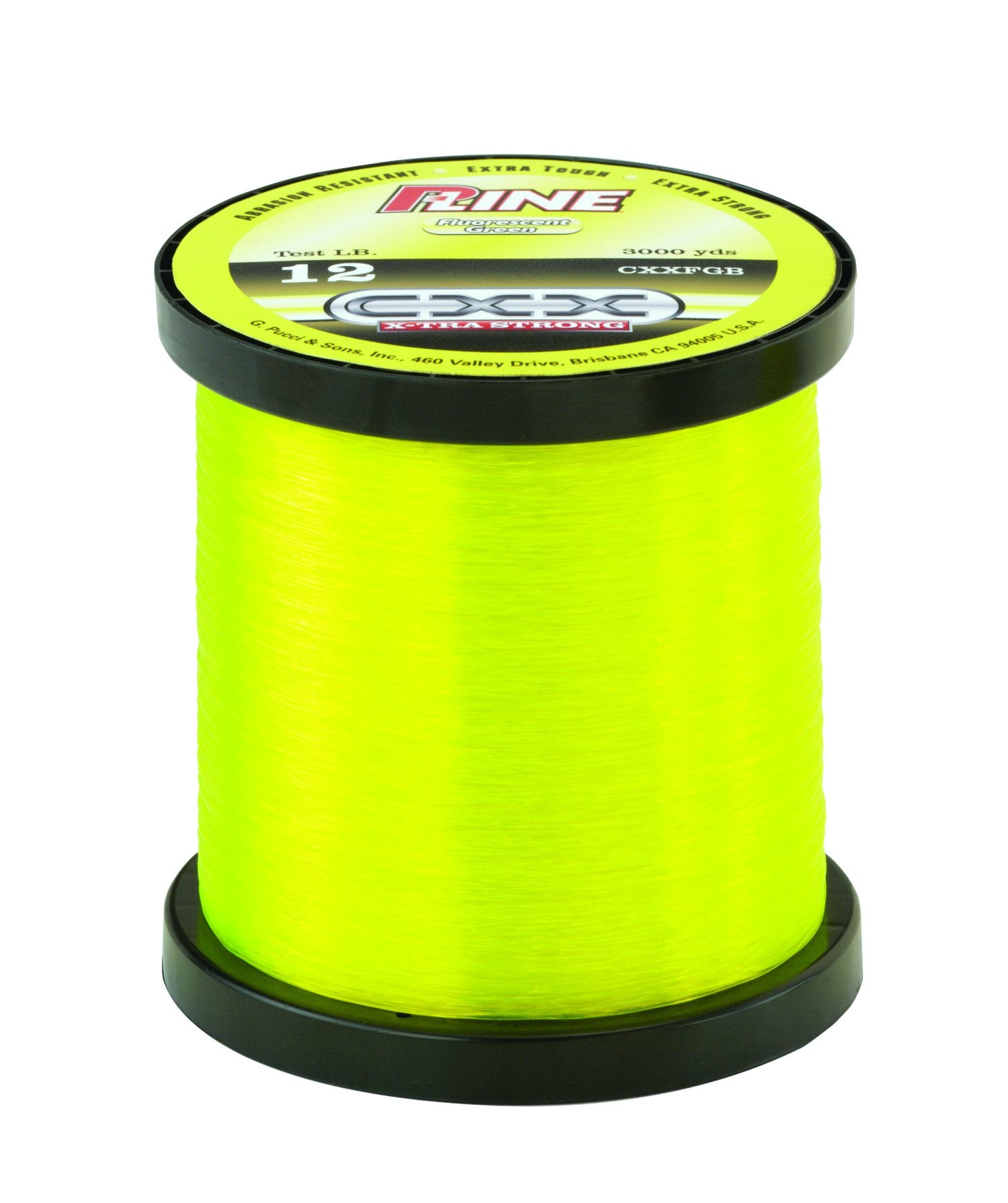 P-Line CXX-Xtra Strong bulk fishing spool in fluorescent green for durable casting and abrasion resistance.