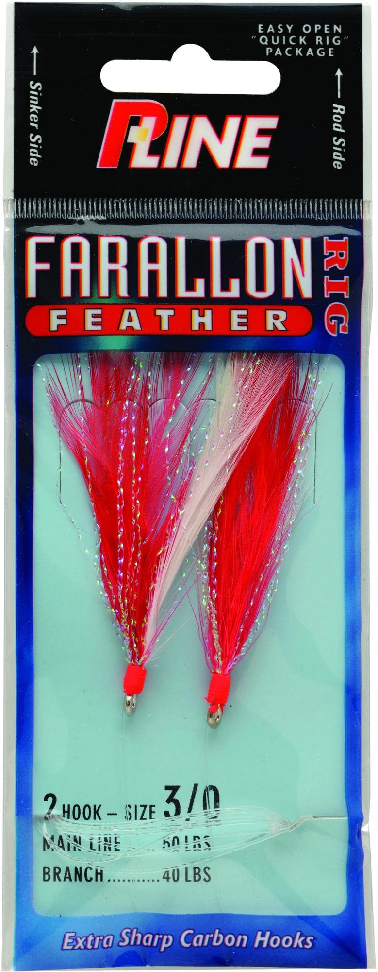 P-Line Farallon Feather two HK five-zero red-white jig for versatile vertical jigging in saltwater.