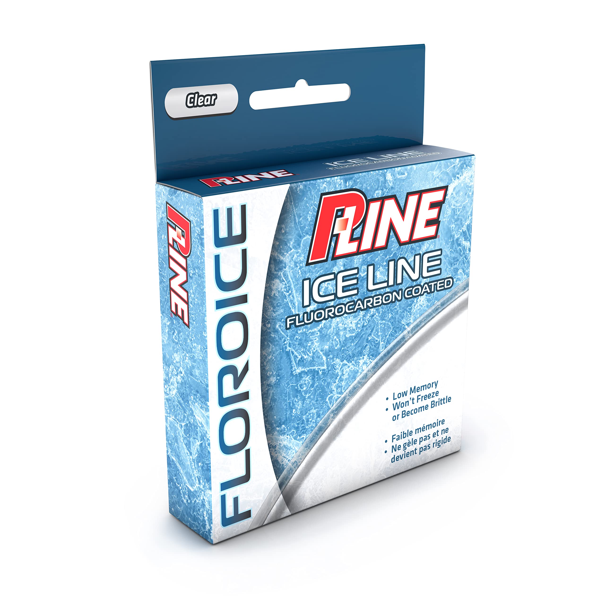 P-Line Floroice fishing spool shows ice-ready line with cold-water limpness for reliable ice fishing.