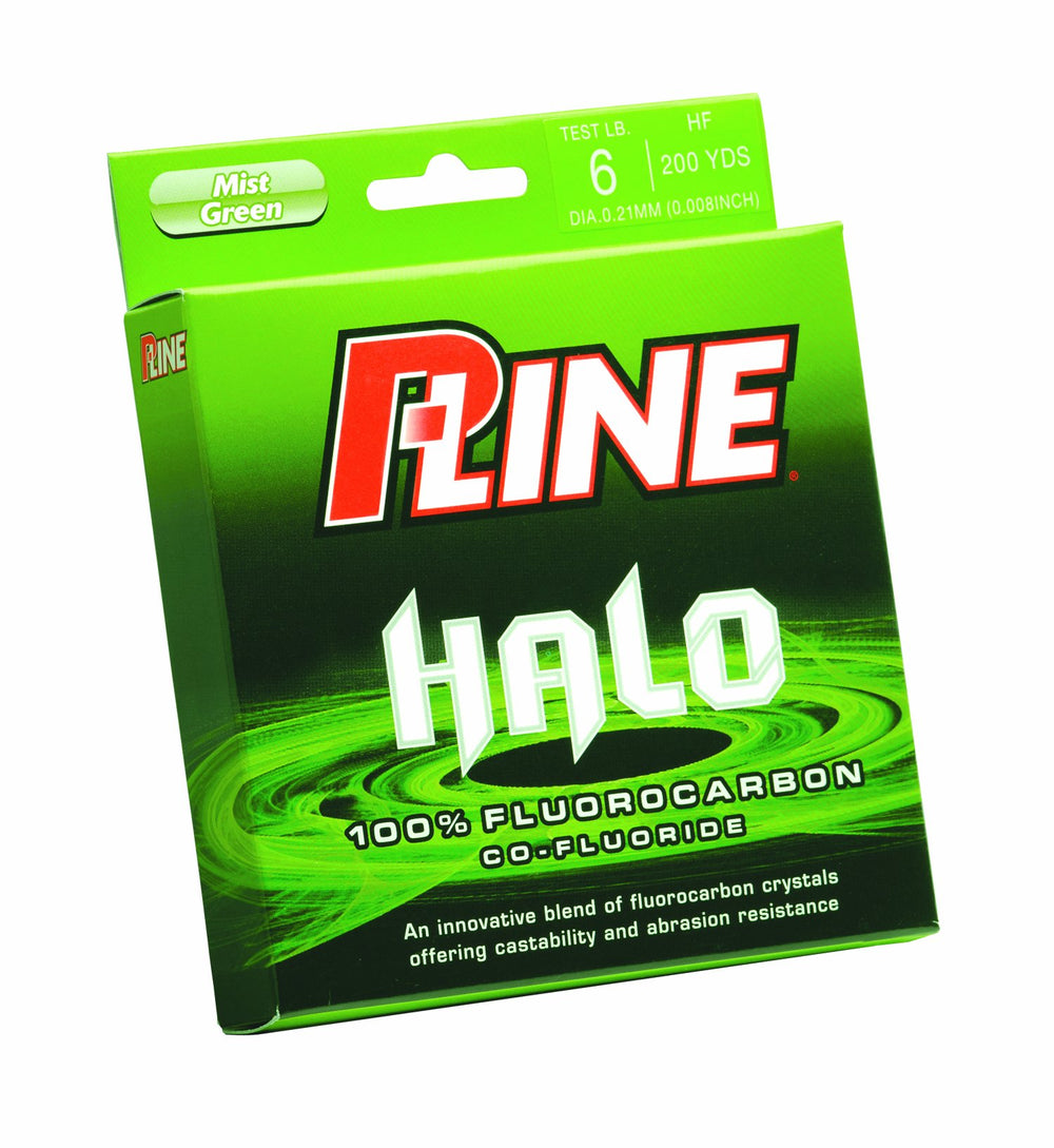 P-Line Halo Co-Fluoride Mist Green fishing line spool for versatile lake, river, and inshore fishing.
