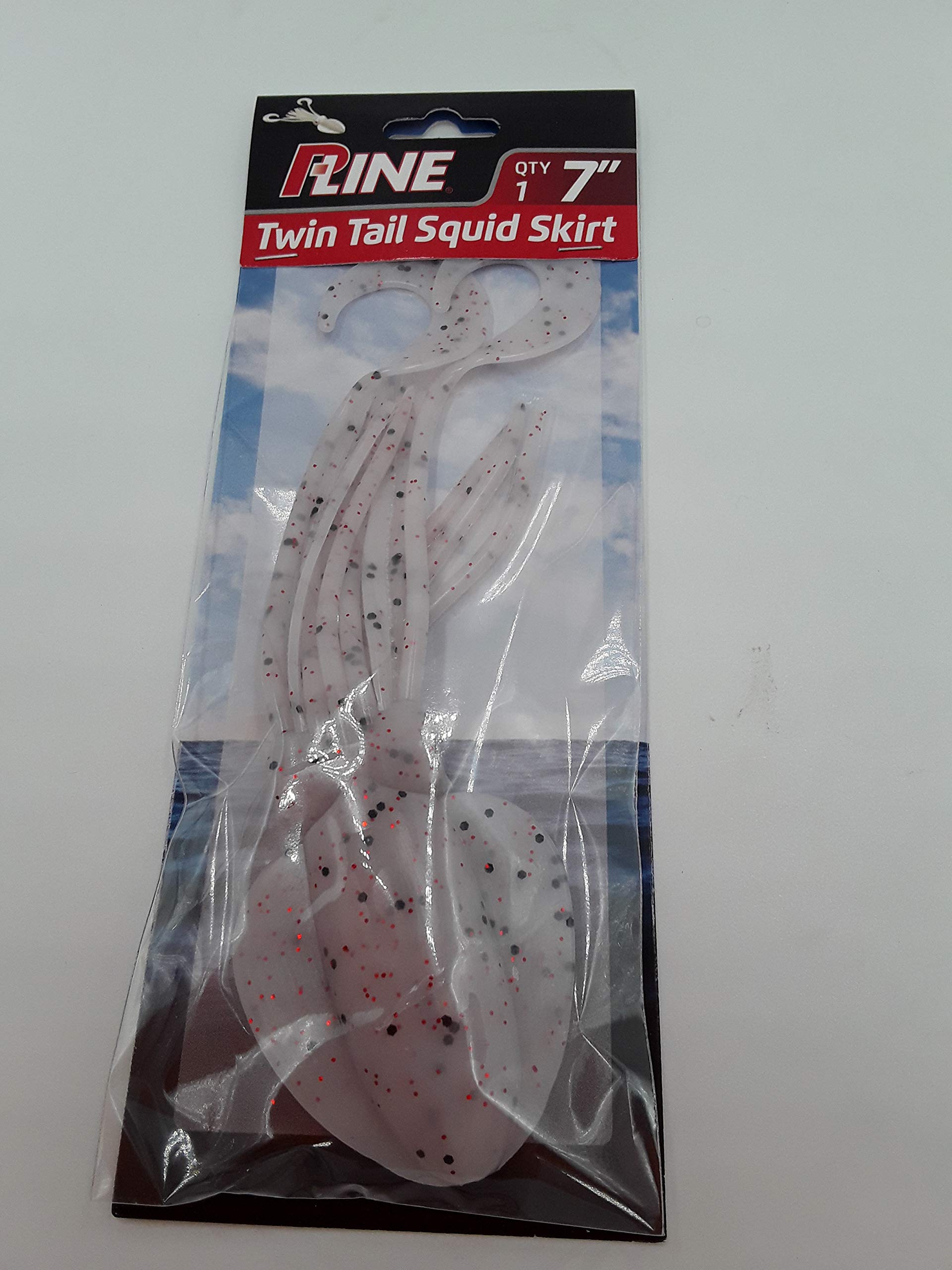 P-Line Twin Tail Squid 7 inch clear white glitter lure for versatile saltwater jigging and trolling.