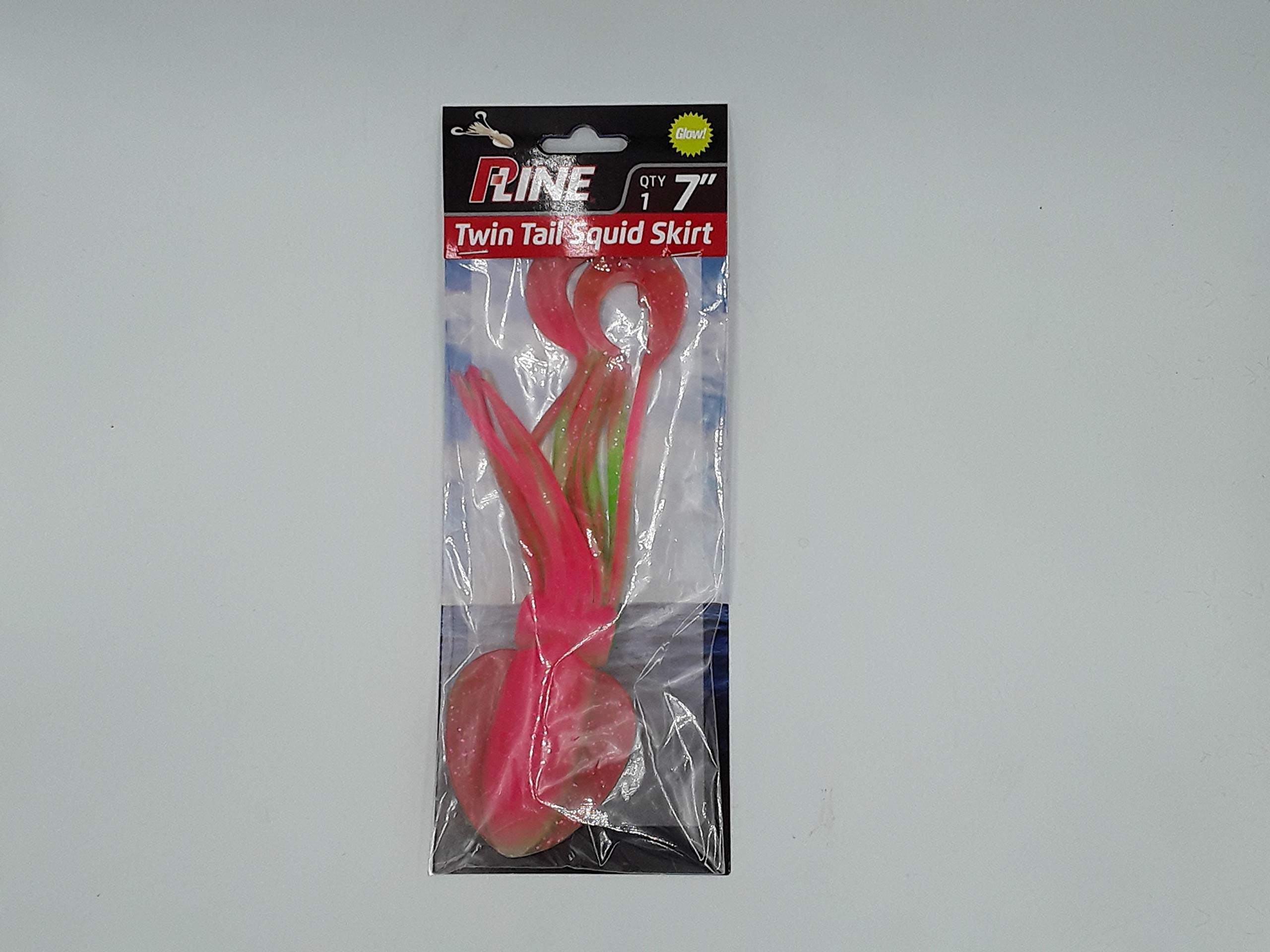 P-Line PTTS70-315 twin tail squid 7-inch in green pink glow glitter boosts realistic action for saltwater fishing