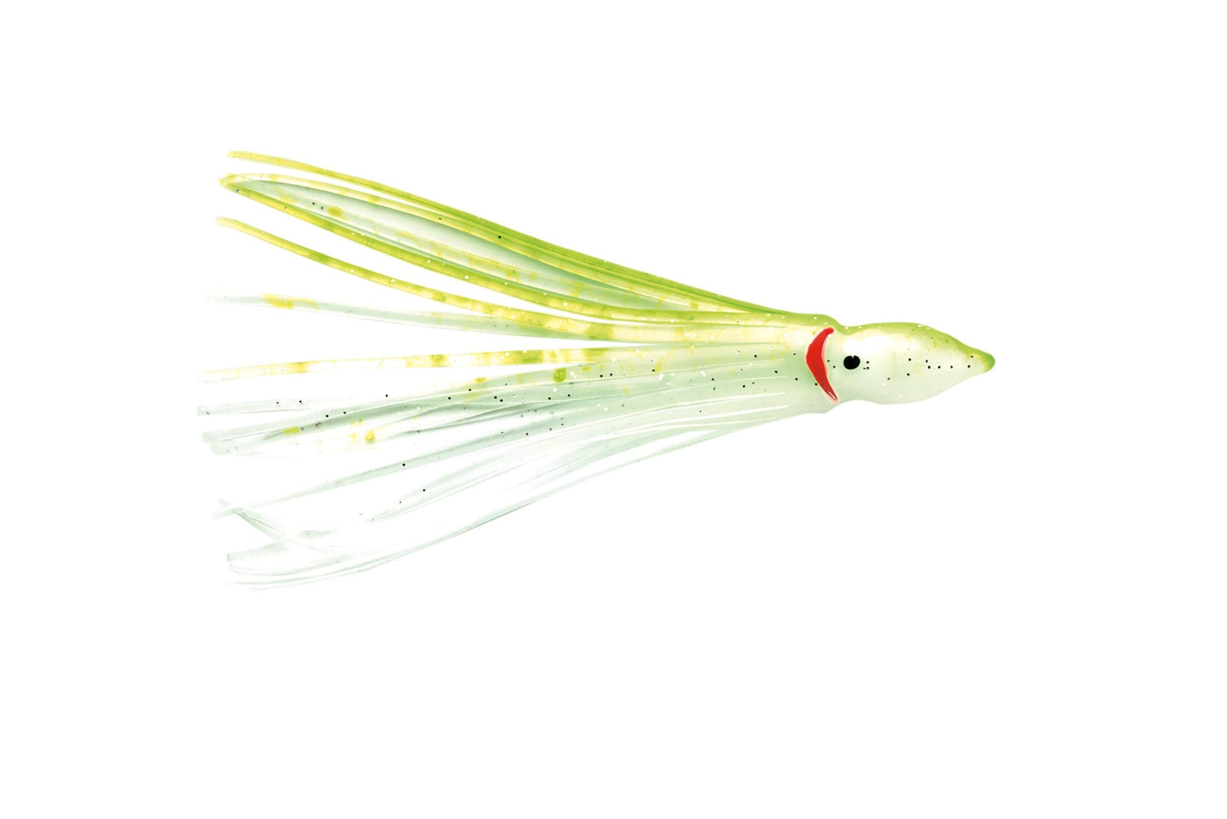 P-Line Sunrise Squid 4.5-inch Clear Glow Chartreuse, action view, enticing tentacles for big-game trolling.