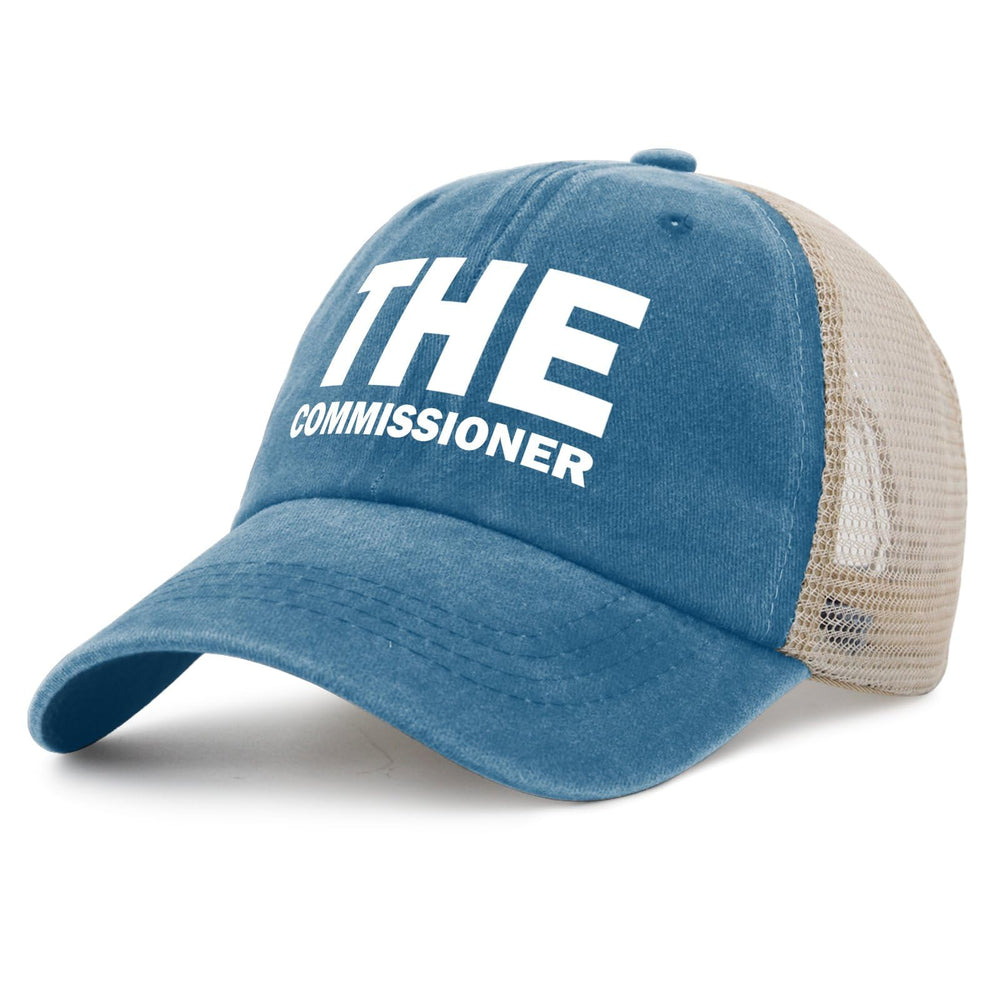 pabeorsn The Commissioner Trucker Hat in washed denim front for casual style.