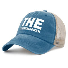 pabeorsn The Commissioner Trucker Hat in washed denim front for casual style.