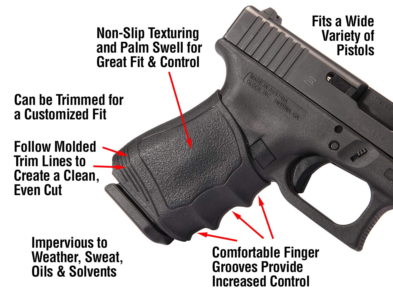 Gripper Slip-On Grip installed on a pistol showing palm swell and finger grooves