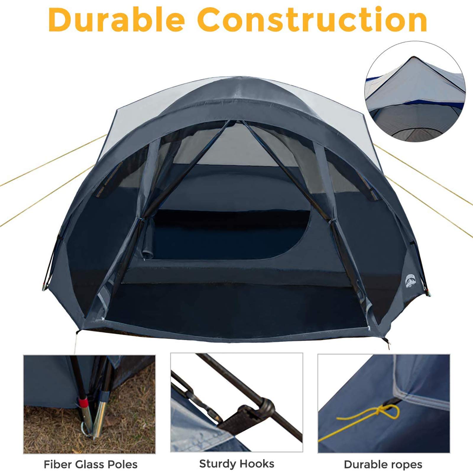Pacific Pass navy-gray rain fly demonstrates weather-ready shelter.