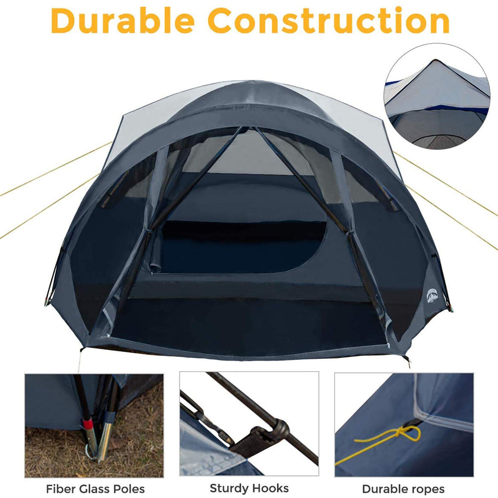Pacific Pass navy-gray rain fly demonstrates weather-ready shelter.