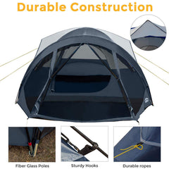 Pacific Pass navy-gray rain fly demonstrates weather-ready shelter.