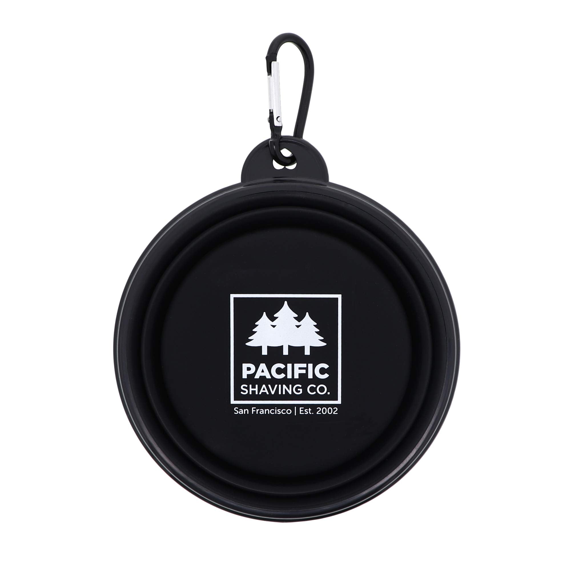 Pacific Shaving Carabiner-equipped bowl attached to bag for quick access