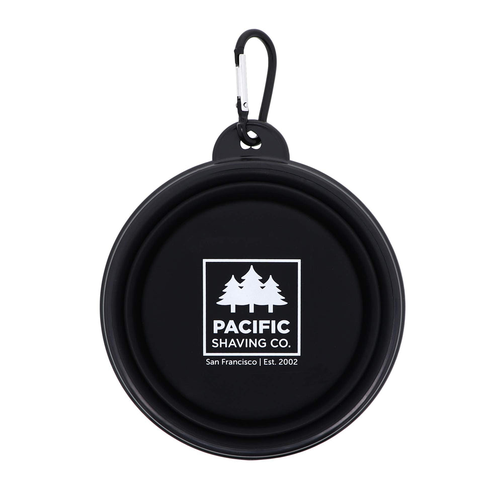 Pacific Shaving Carabiner-equipped bowl attached to bag for quick access