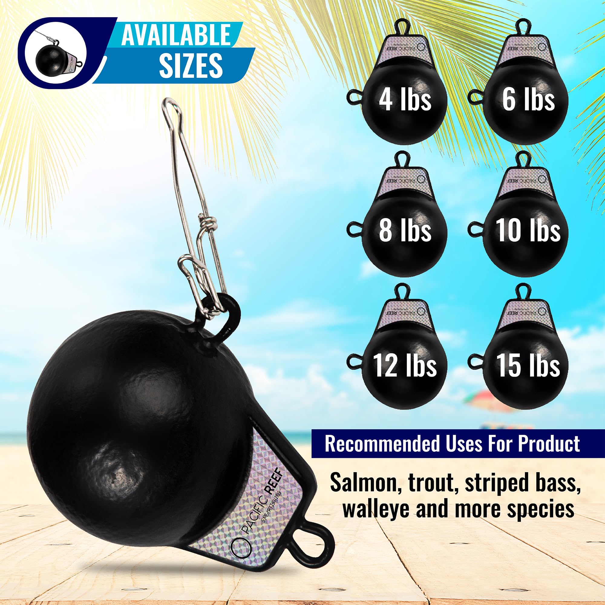 PacificReef downrigger weight 12lb vinyl-coated ball improves lake and ocean trolling.