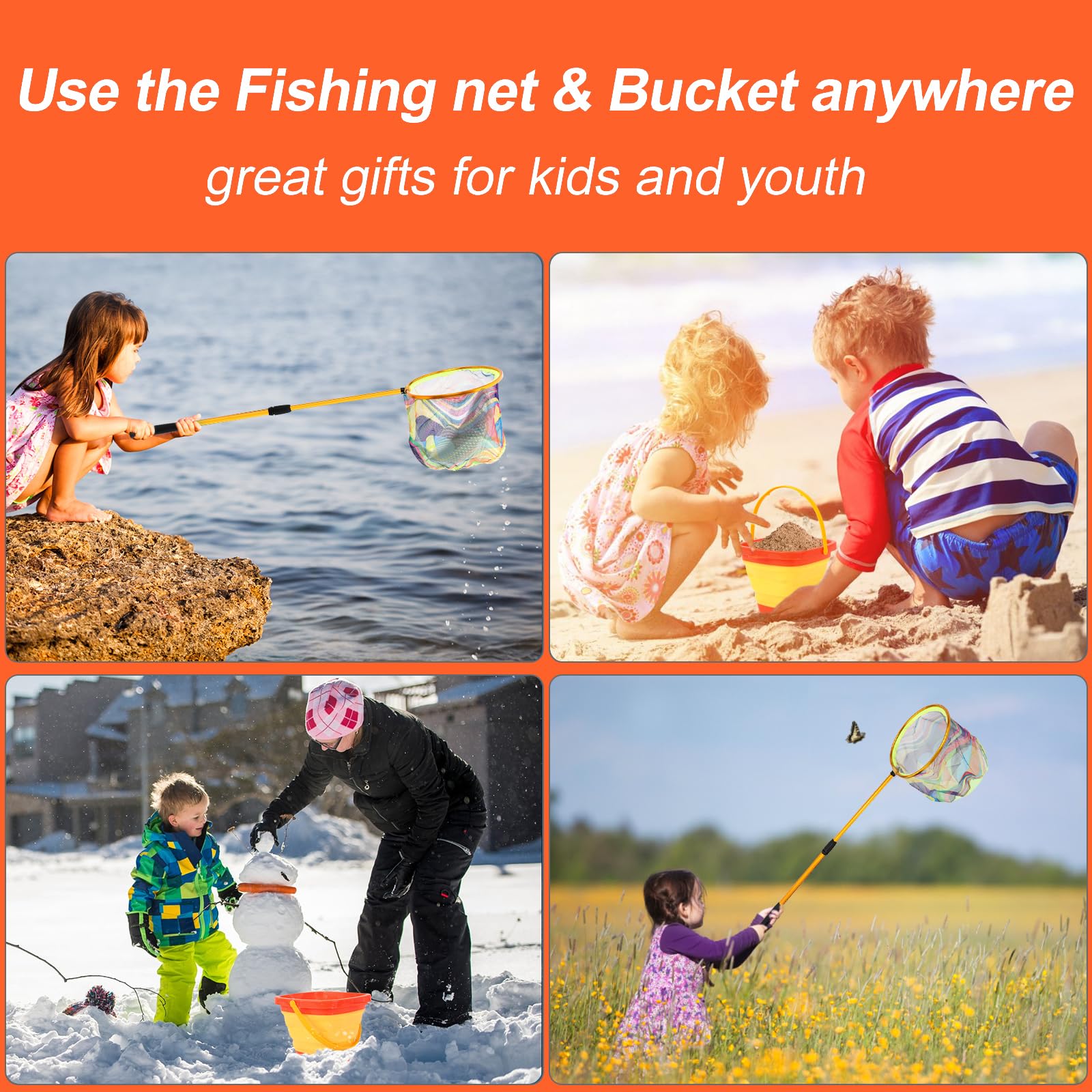 Package includes kids fishing net and bucket