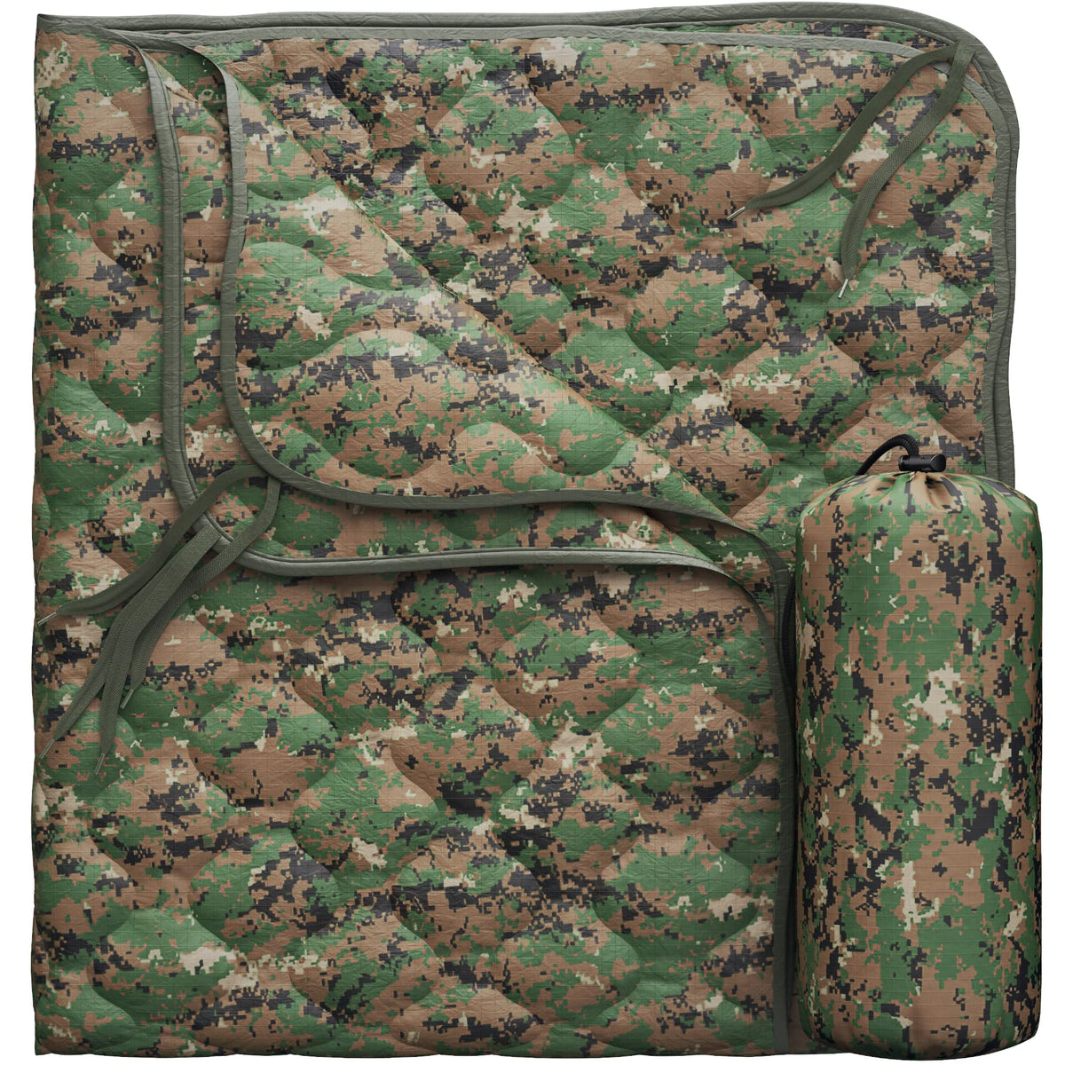 PacMül Woobie Poncho Liner folded for compact storage, ideal for travel.