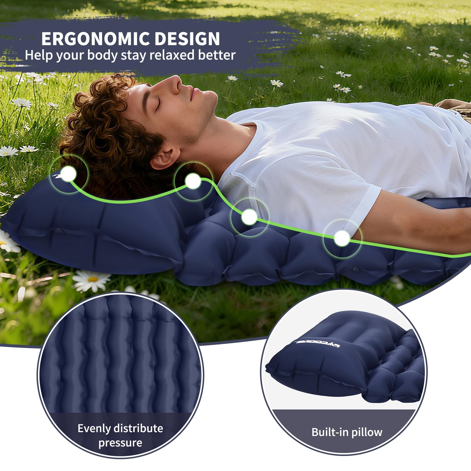 PACOONE ultralight sleeping pad with pillow pictured for lightweight backpacking comfort