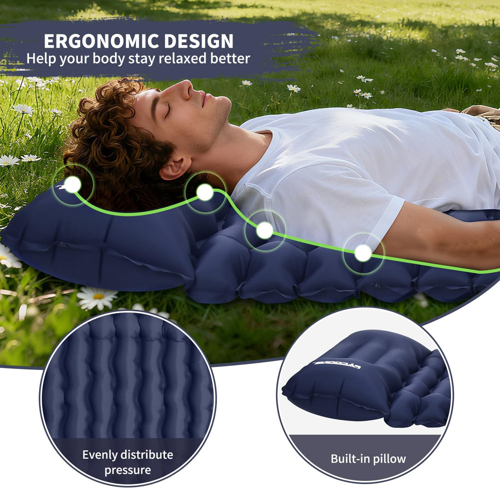 PACOONE ultralight sleeping pad with pillow pictured for lightweight backpacking comfort