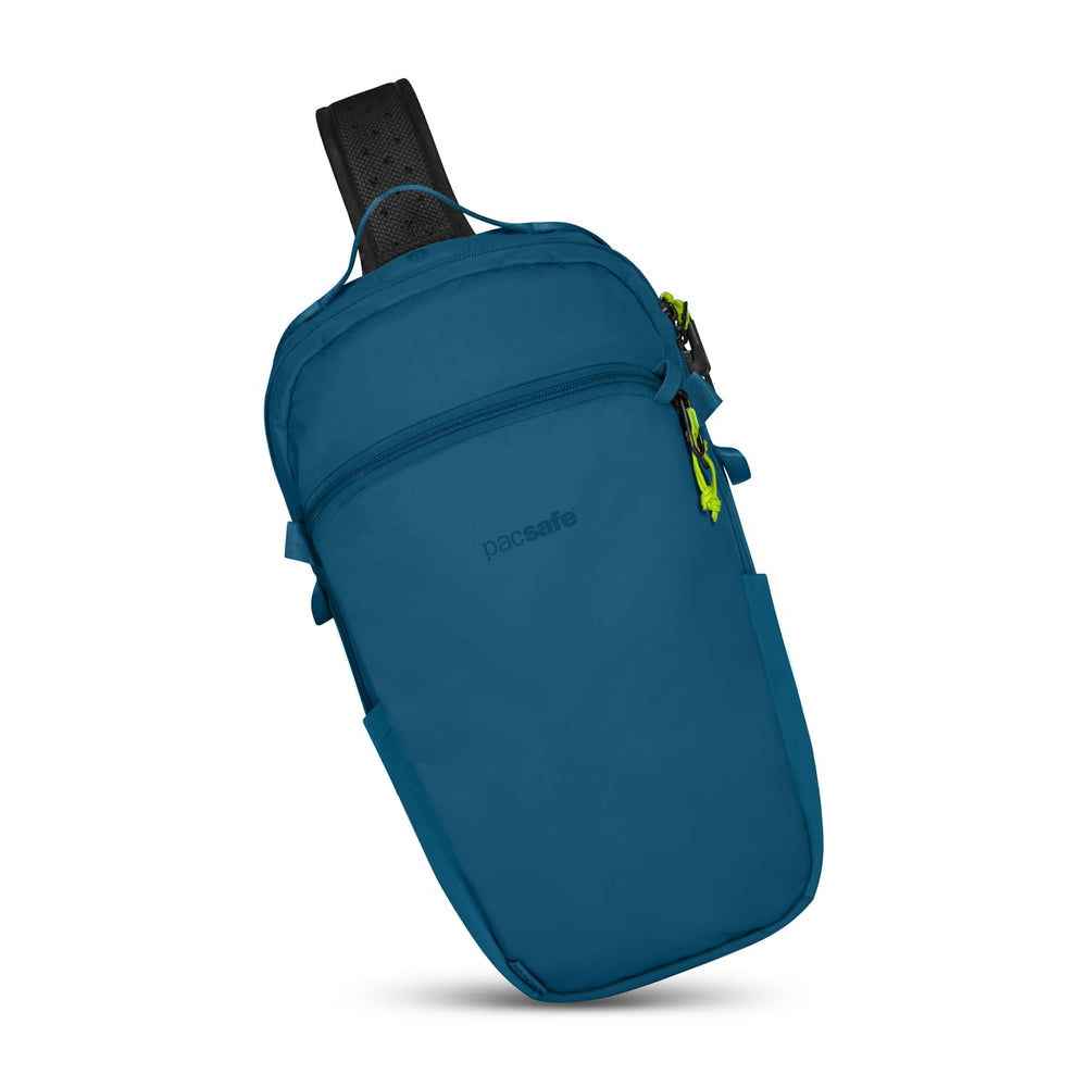 Pacsafe ECO12L sling front view demonstrates theft-prevention features for urban travel.