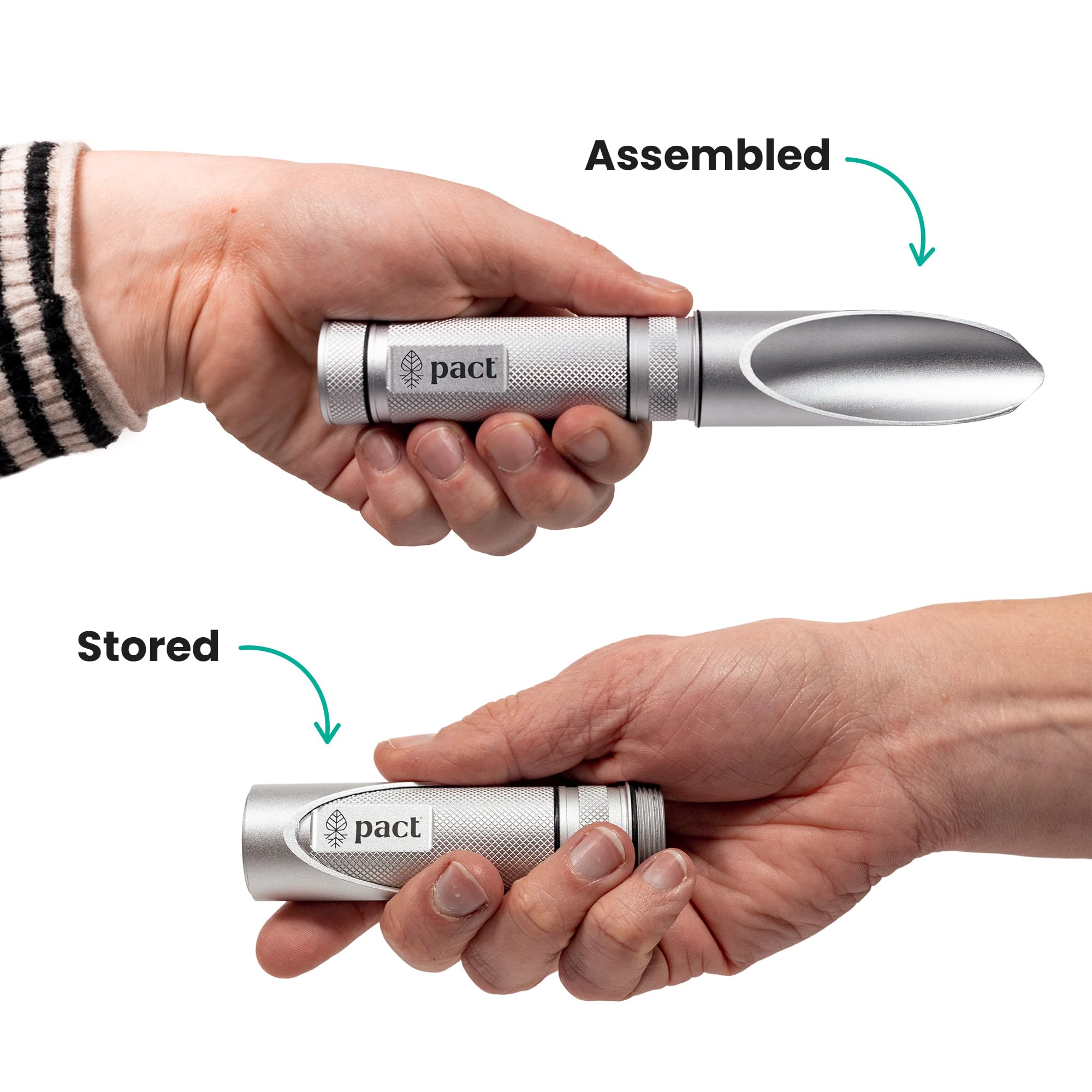 PACT Ultra Lite Bathroom Kit aluminum shovel assembly demonstrates modular storage.