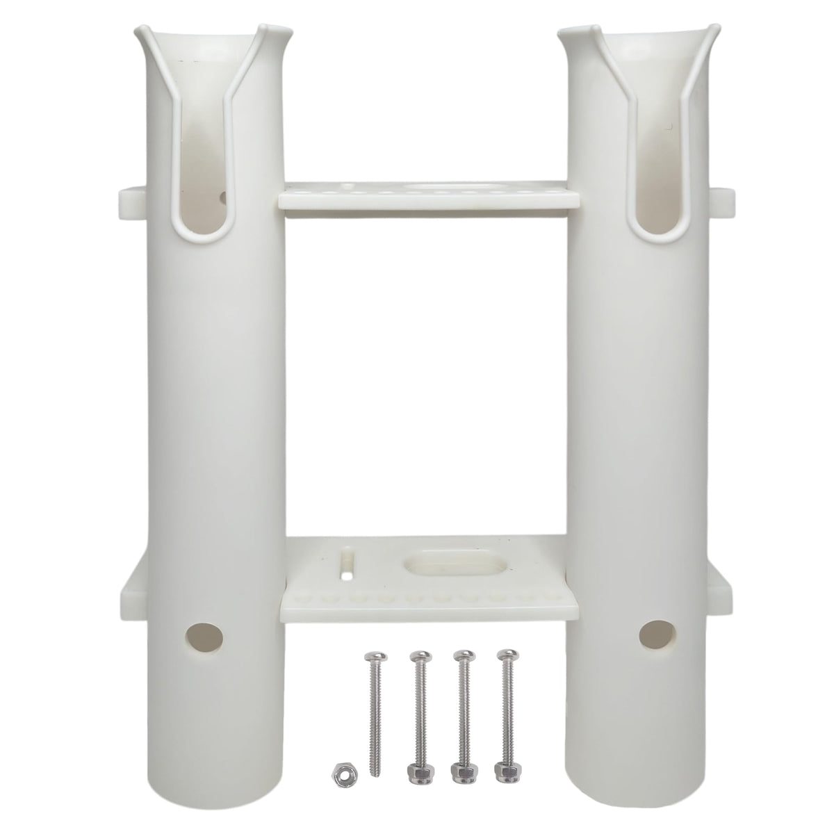 Pactrade Marine double-tube rod holder mounted on wall keeps rods secure.