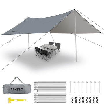 PAHTTO camping tarp 16x12 setup provides quick shade for camping and beach days