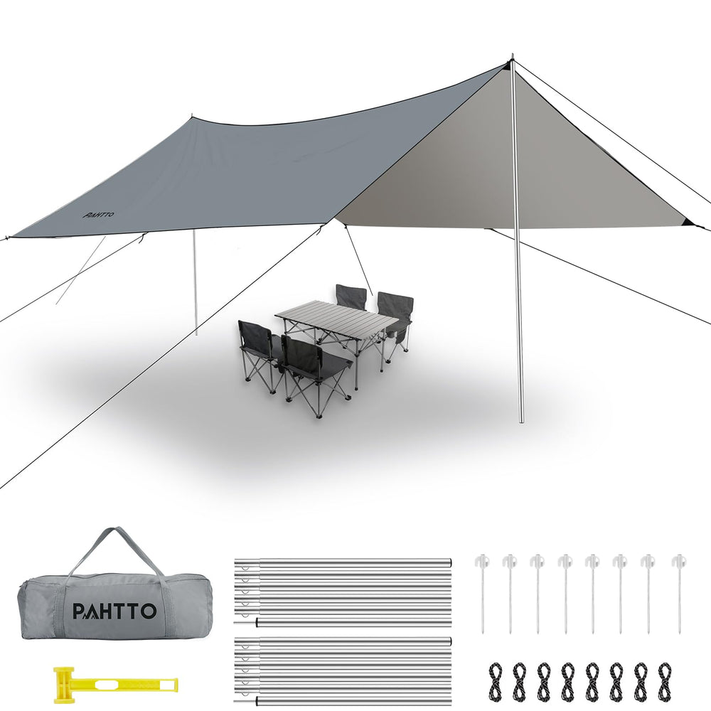 PAHTTO camping tarp 16x12 setup provides quick shade for camping and beach days