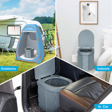 PAHTTO dark gray portable toilet shown in compact form for camping.
