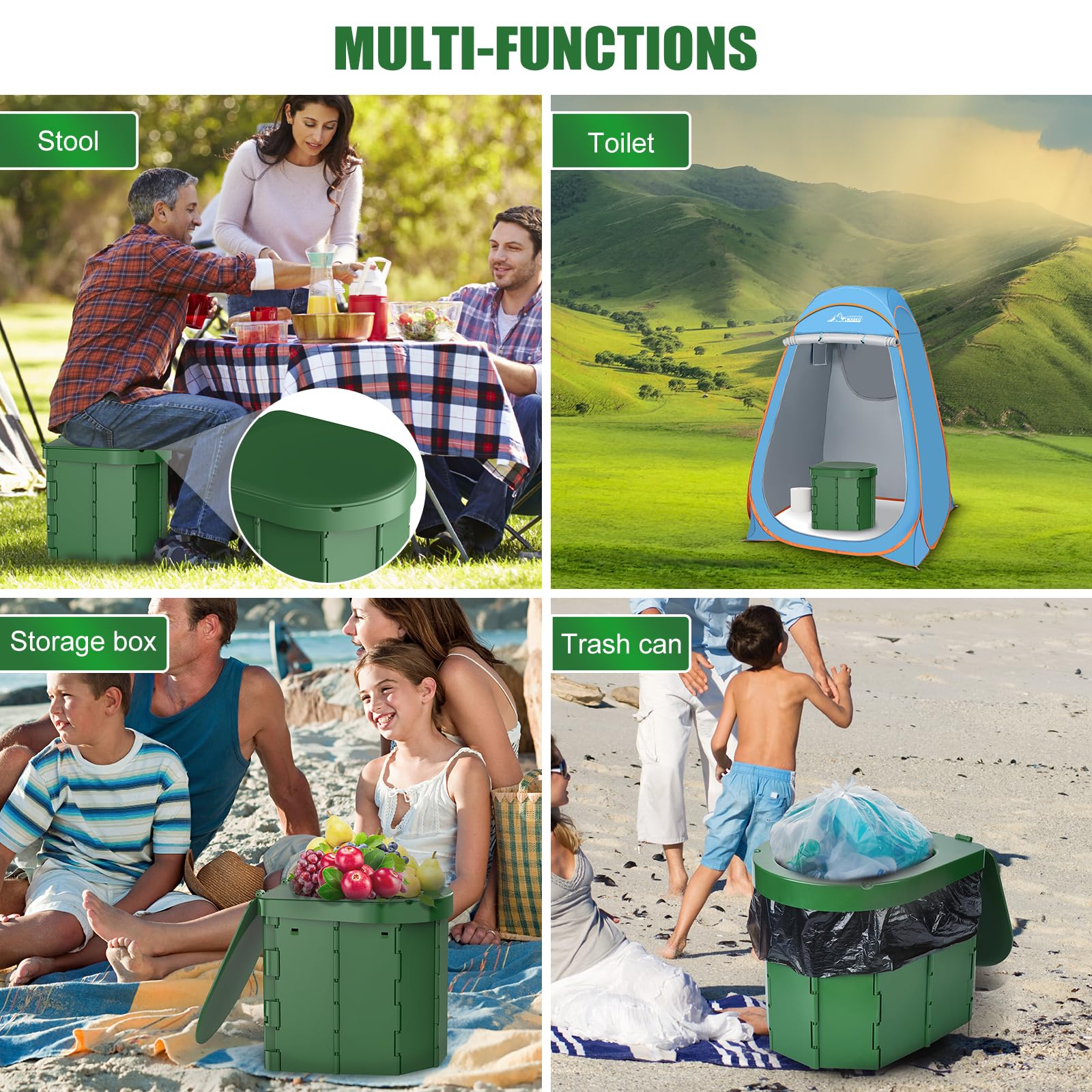 PAHTTO portable camping toilet multi-use design for versatile outdoor tasks.