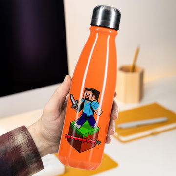Paladone Minecraft water bottle on a desk for office use.