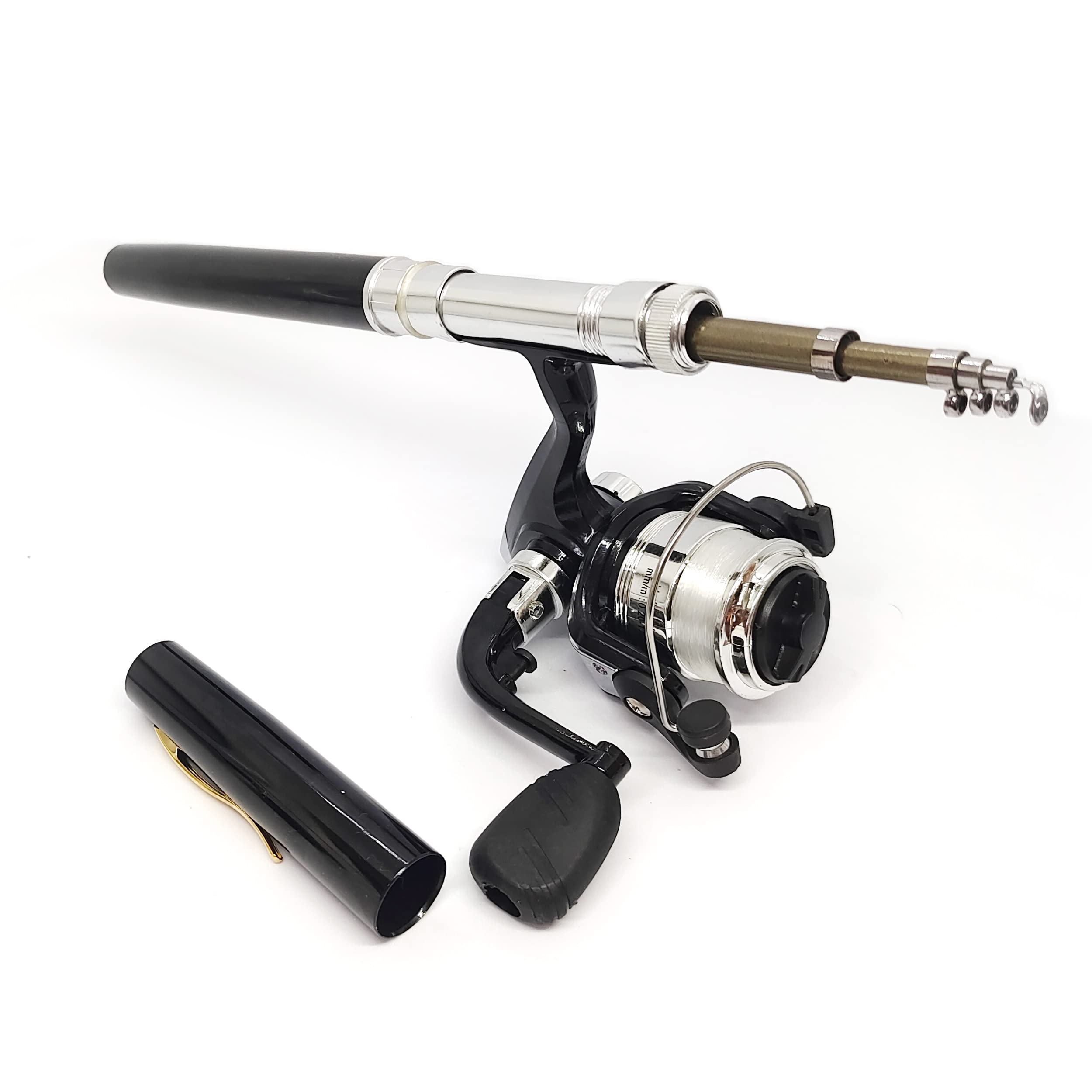Palm-sized pen fishing rod with attached reel