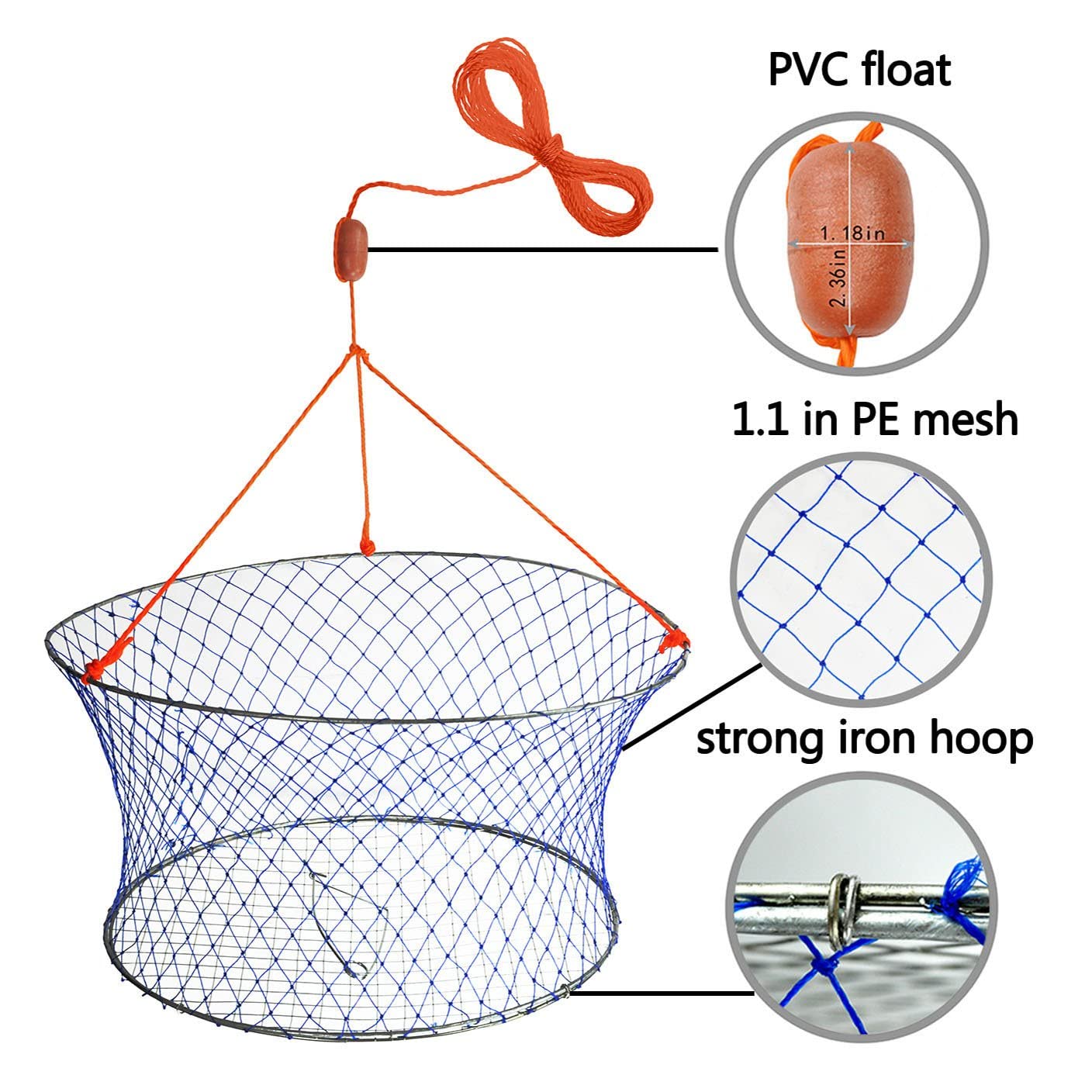 Palmyth 12-inch deep blue mesh net secures crabs during retrieval