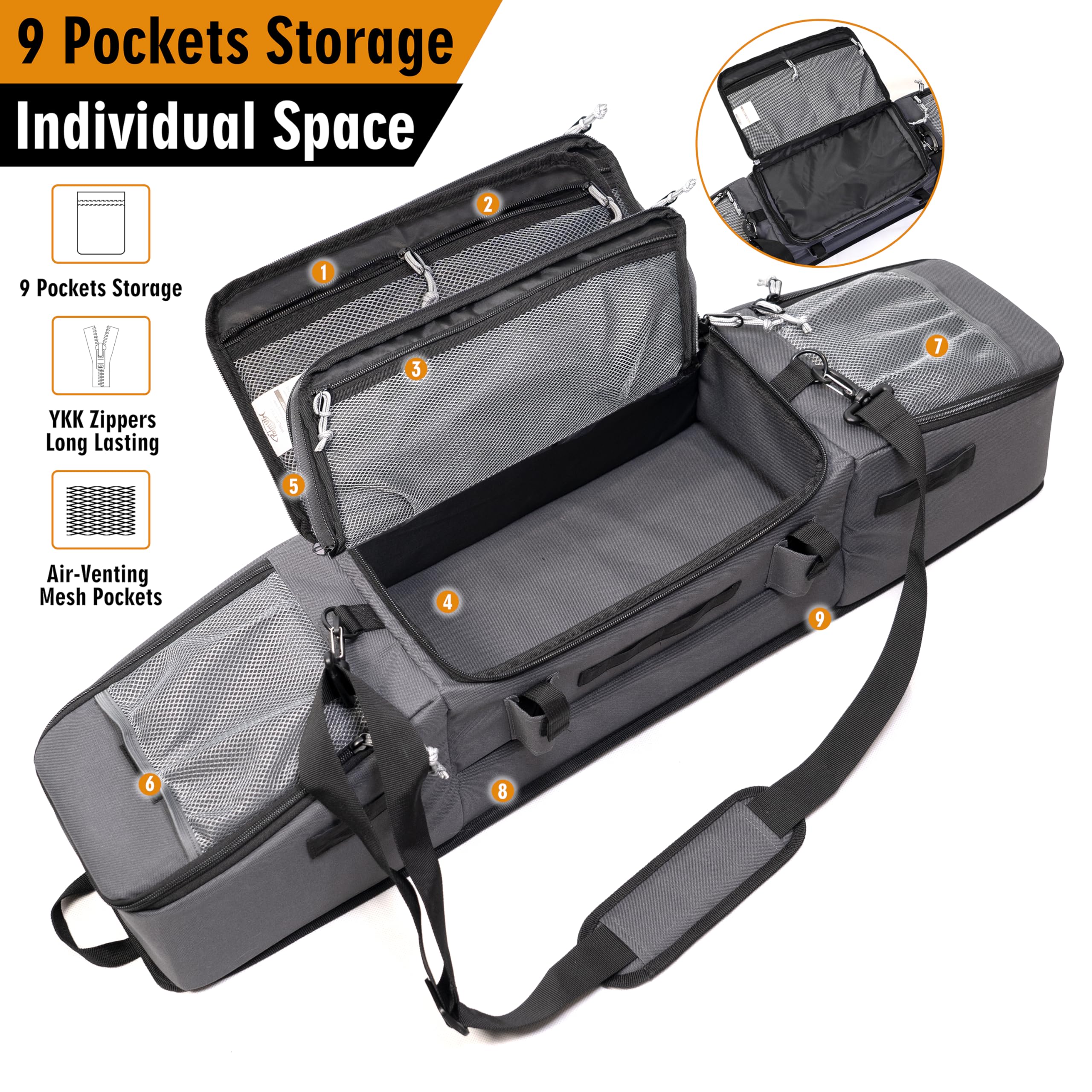 Palmyth ice fishing rod case pocket layout highlighting nine storage compartments