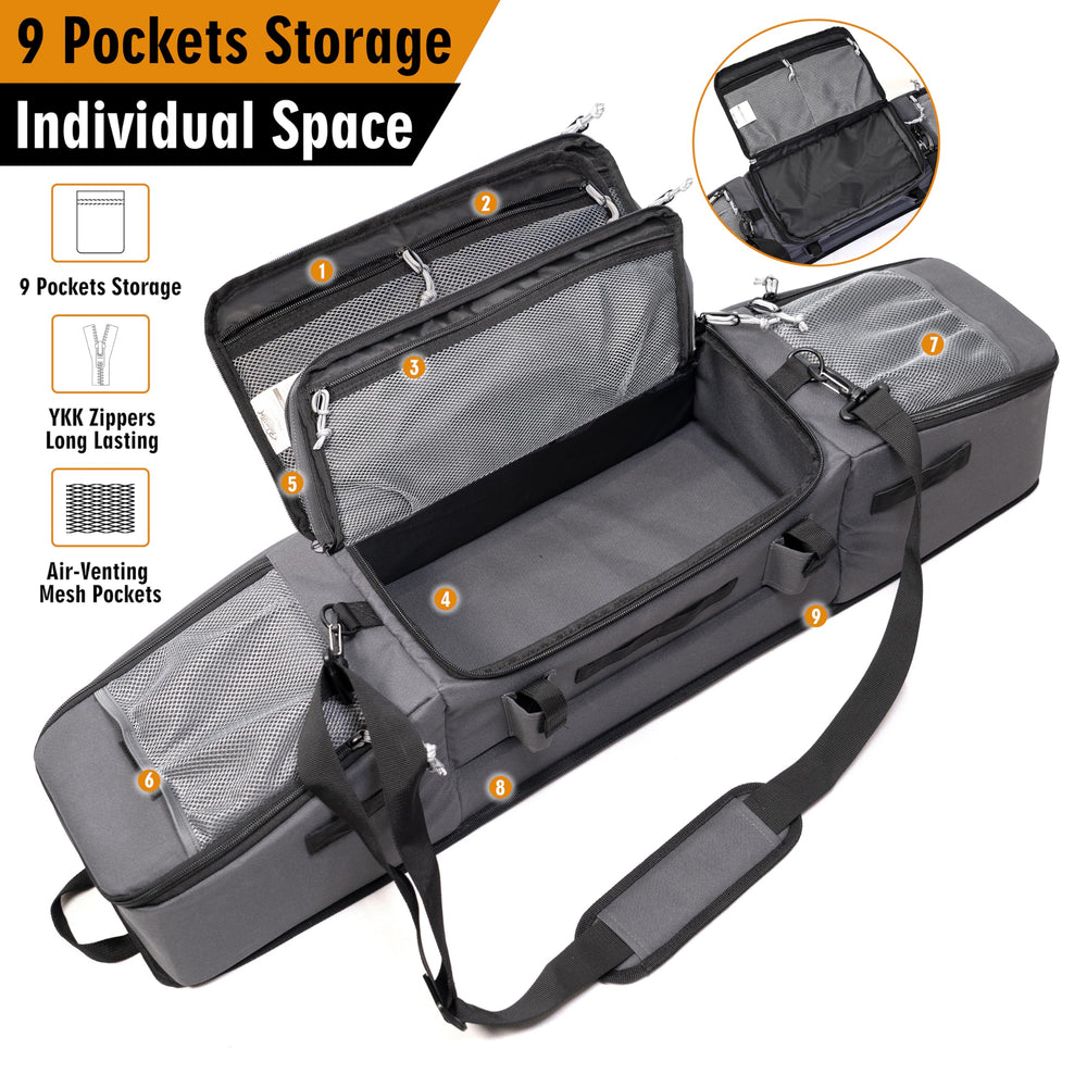 Palmyth ice fishing rod case pocket layout highlighting nine storage compartments