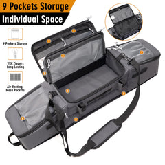 Palmyth ice fishing rod case pocket layout highlighting nine storage compartments