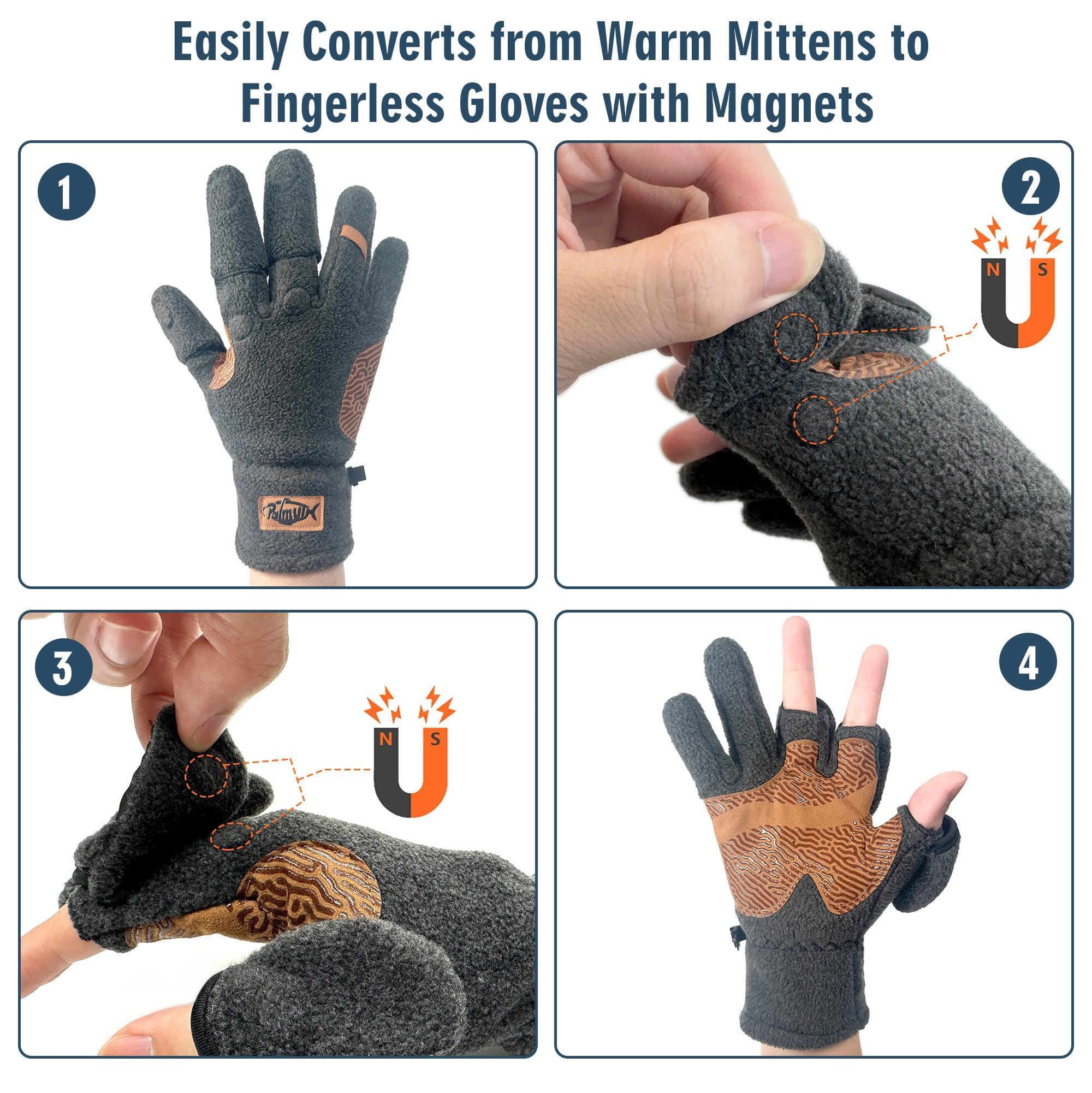 Palmyth magnetic fleece gloves with 3-cut fingers for easy knot tying and photography.