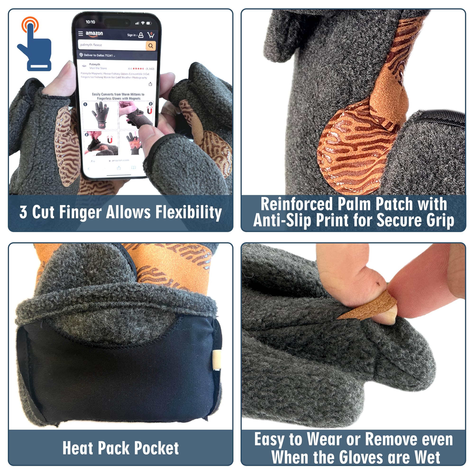 Palmyth wind-resistant fleece exterior keeps hands warm in cold weather.