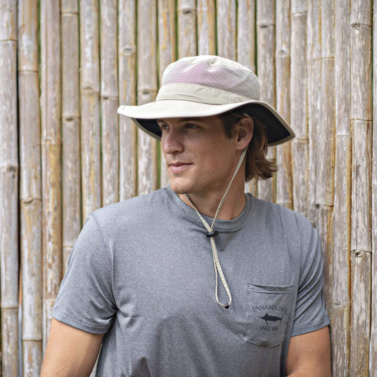 Panama Jack Castaway Boonie Hat khaki color on a sunny trail