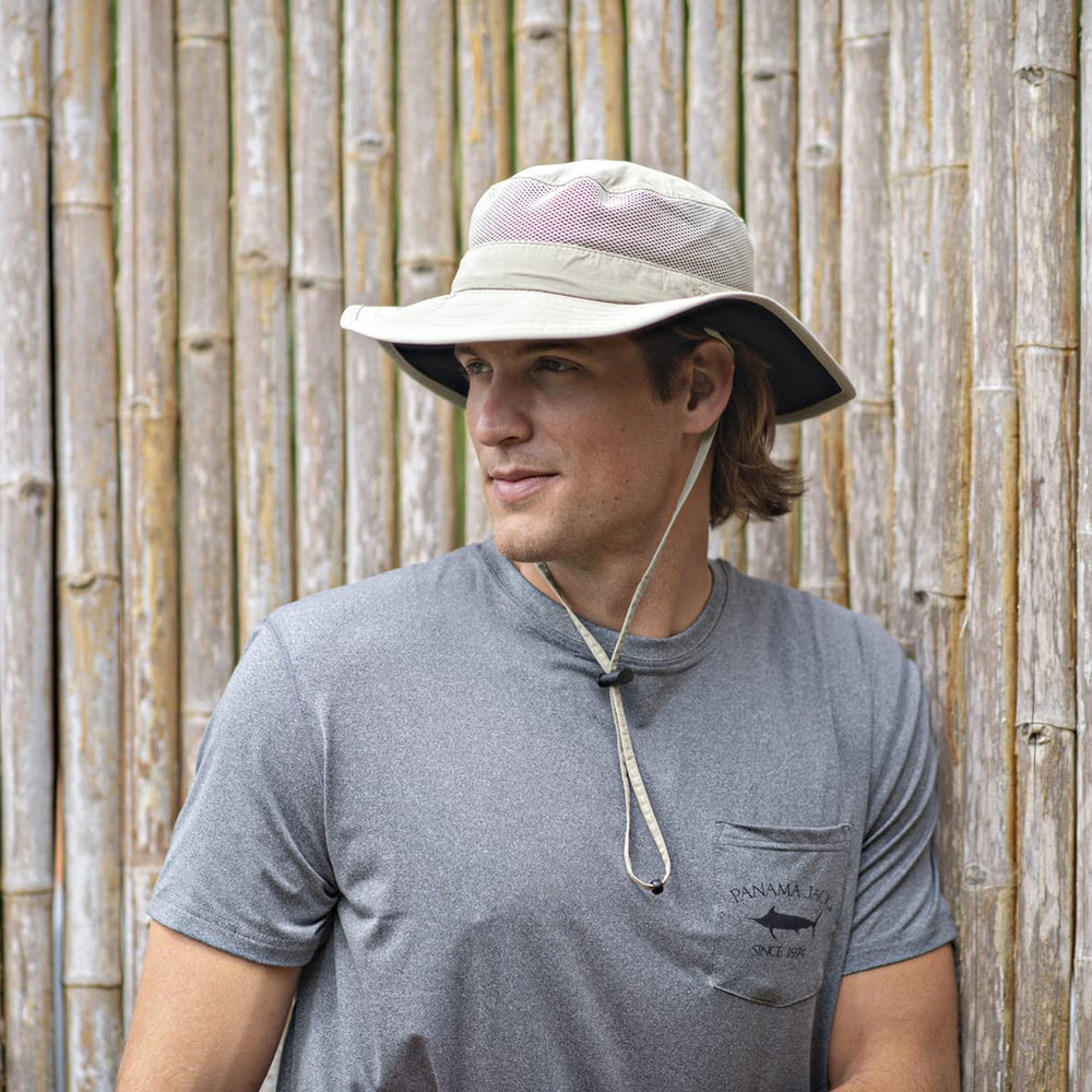 Panama Jack Castaway Boonie Hat khaki color on a sunny trail