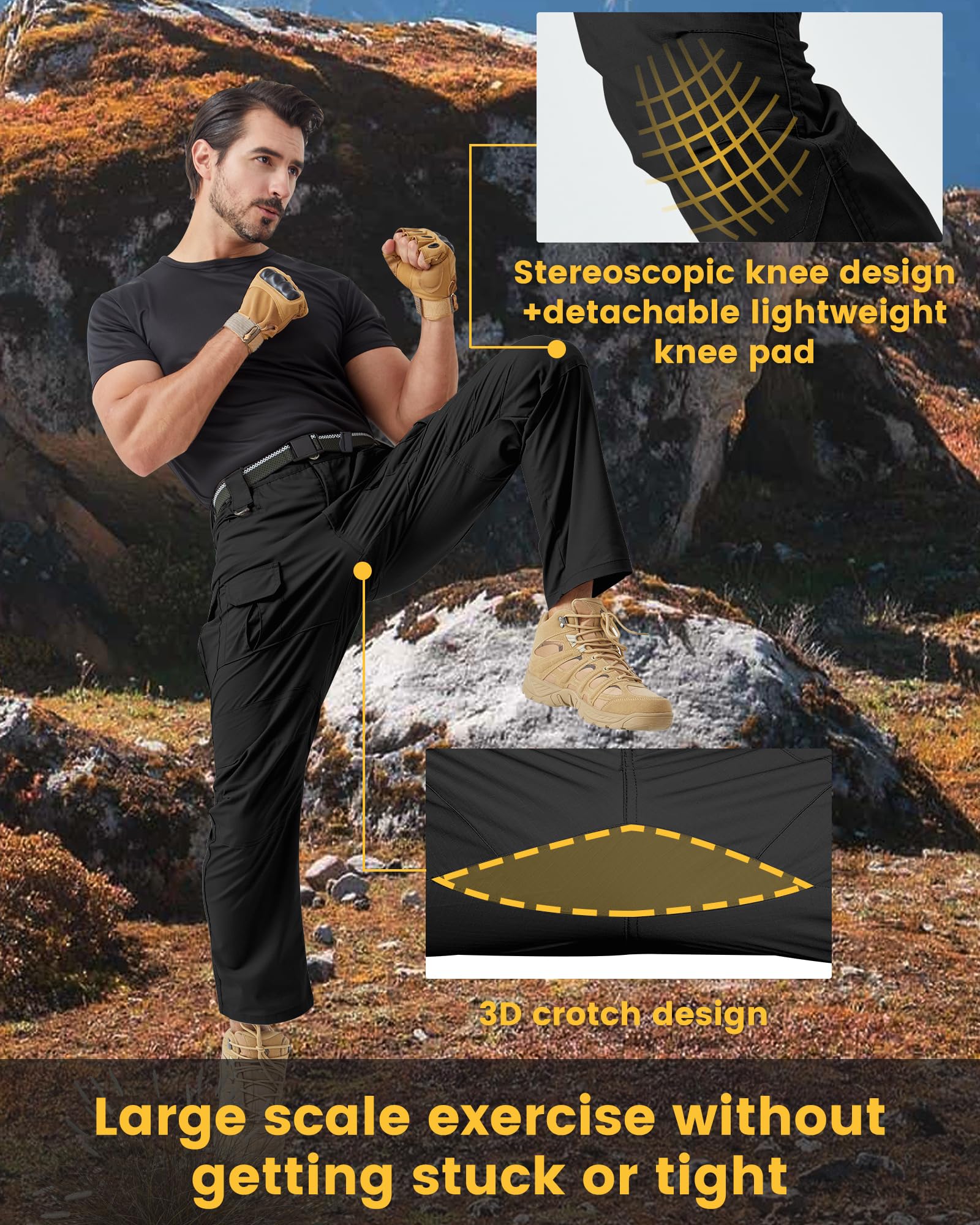 PandaVoy rugged cargo pants demonstrated during hiking and city commutes