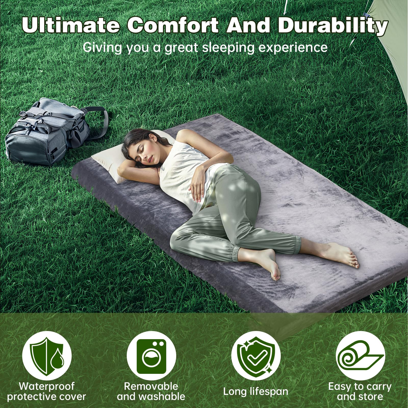 PANDOROOM Memory Foam Camping Mattress Pad removable washable cover eases cleaning.