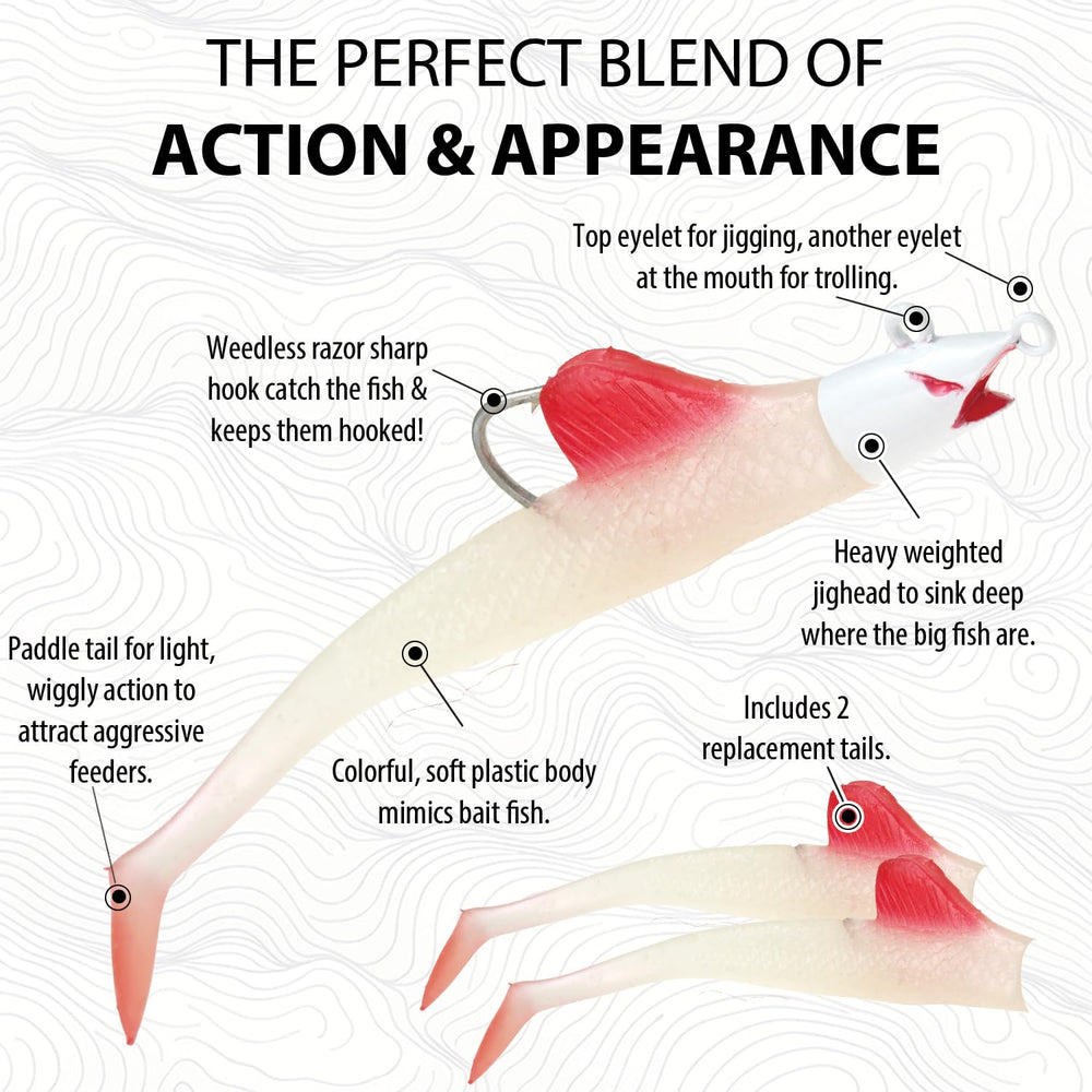 Weedless BigFin design hides the hook for snag-free retrieves in cover.