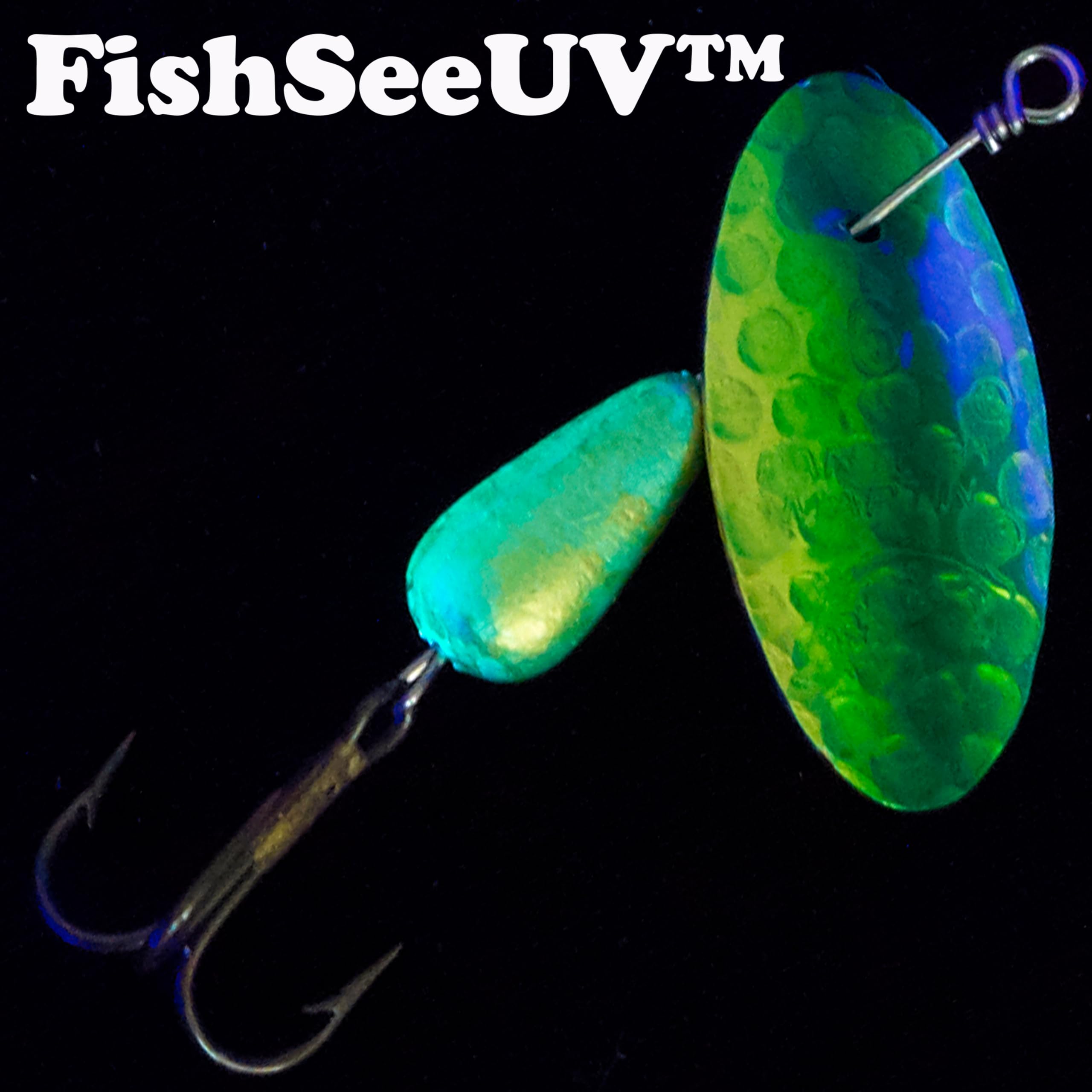 Panther Martin FishSeeUV hammered lime-chartreuse lure blade closeup shows reflective surface.