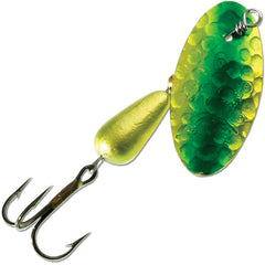 Panther Martin FishSeeUV hammered lime-chartreuse lure front view enhances visibility and triggers strikes.