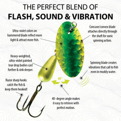 Panther Martin FishSeeUV hammered lime-chartreuse lure yellow body red tip offers Gill Flash appeal.