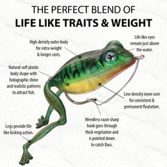 Panther Martin Holographic Superior Frog floats upright at the waterline for topwater action.