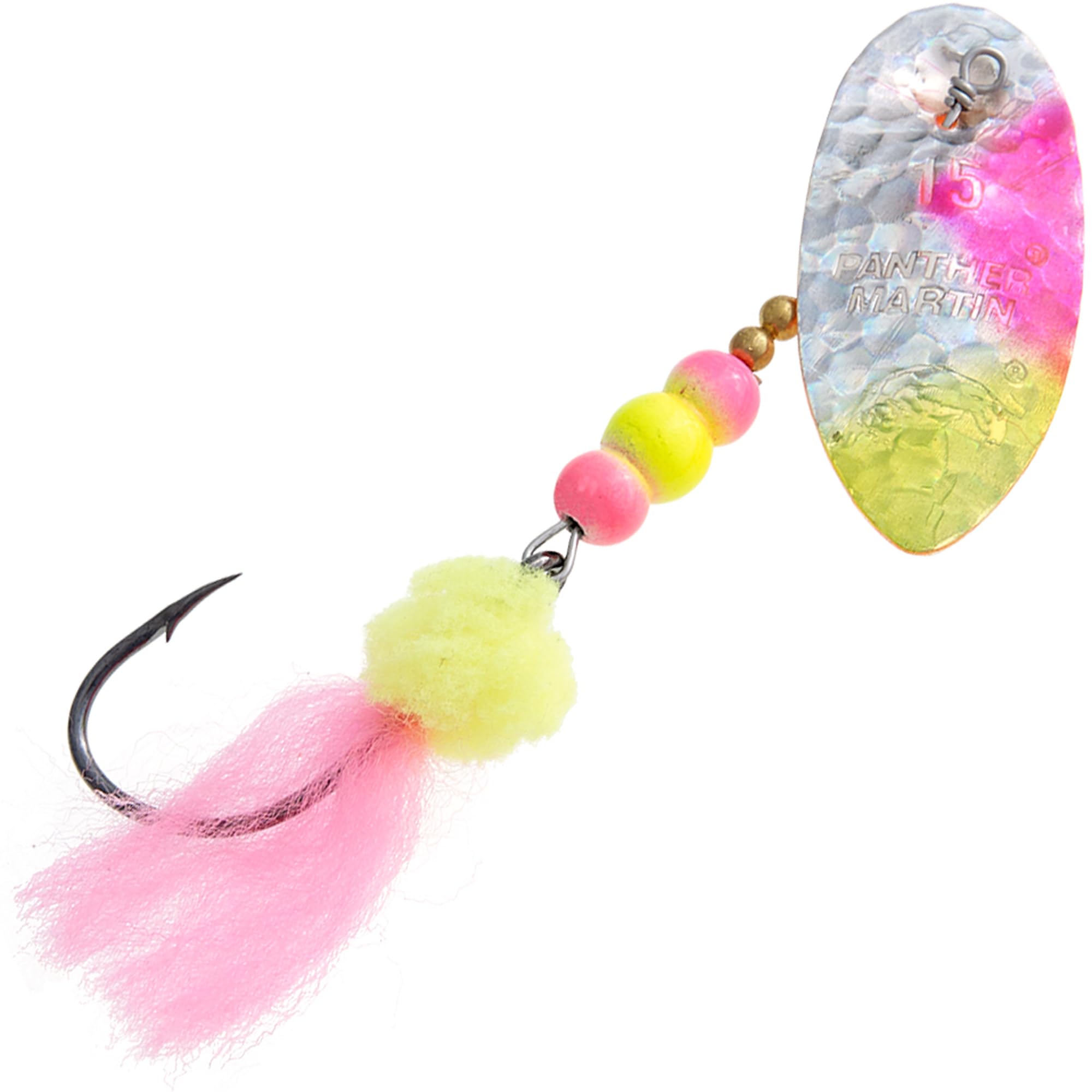 Panther Martin HolyRoe hammerned holographic blade lure attracting larger pike and steelhead in streams.