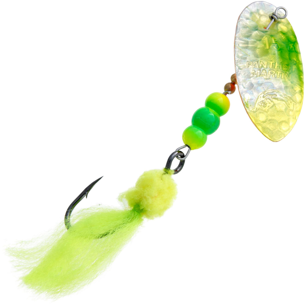 Panther Martin HolyRoe lure back blade detail boosts flash for Salmon and Steelhead.