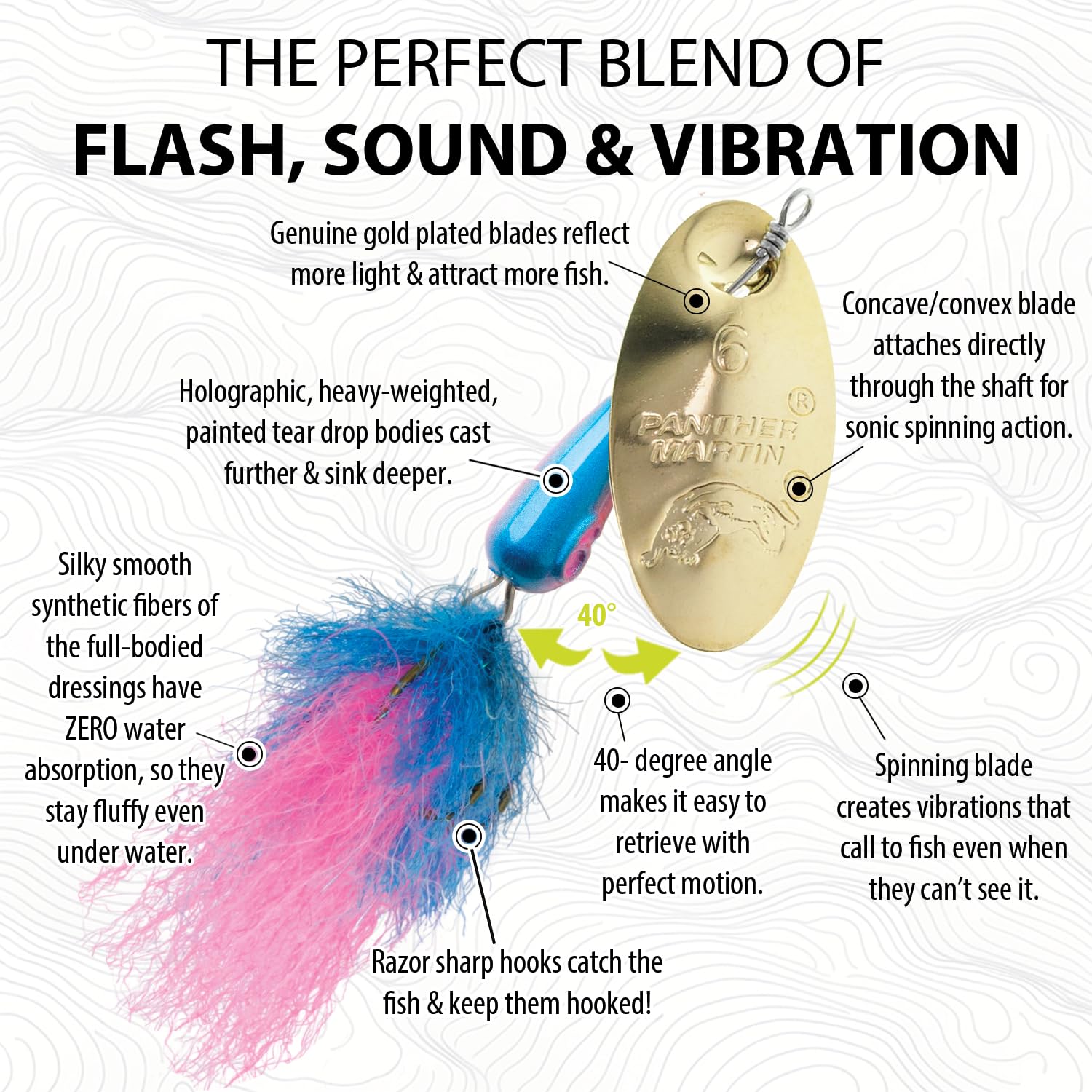 Panther Martin HybridHolographic teardrop spinner, UV dressings enhance bite chances on cloudy days.