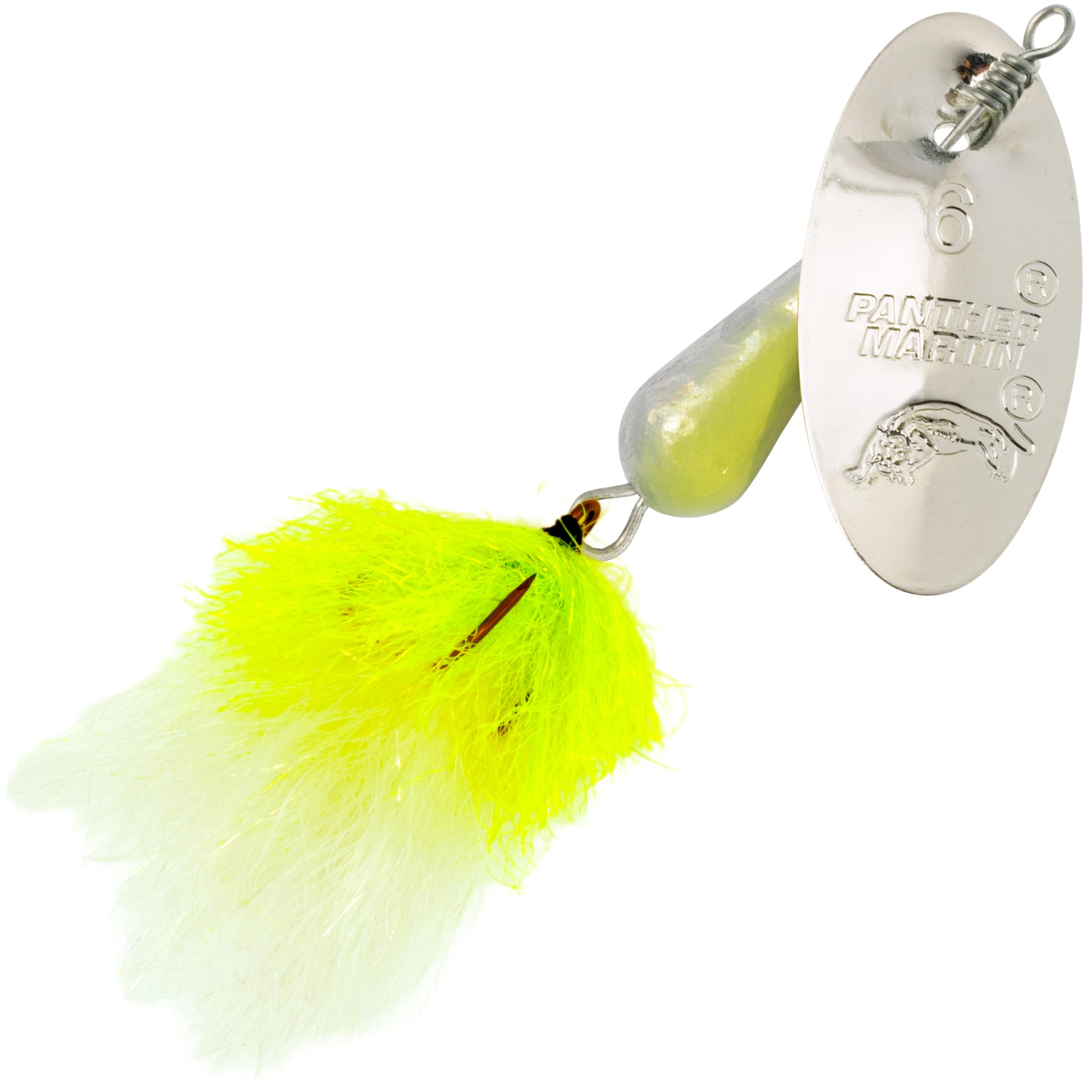 Panter Martin HybridHolographic teardrop spinner in silver chartreuse white for versatile river fishing.