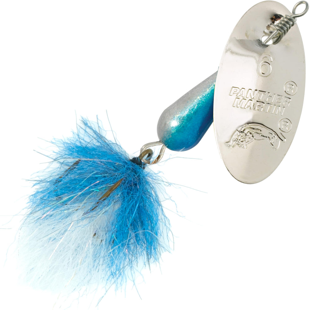 Panter Martin HybridHolographic teardrop spinner in silver, white, blue attracting trout with bright UV shimmer.