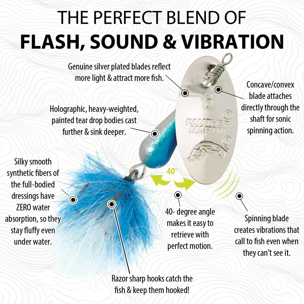 Panther Martin UV dressings glow under UV light, boosting visibility and lure appeal.